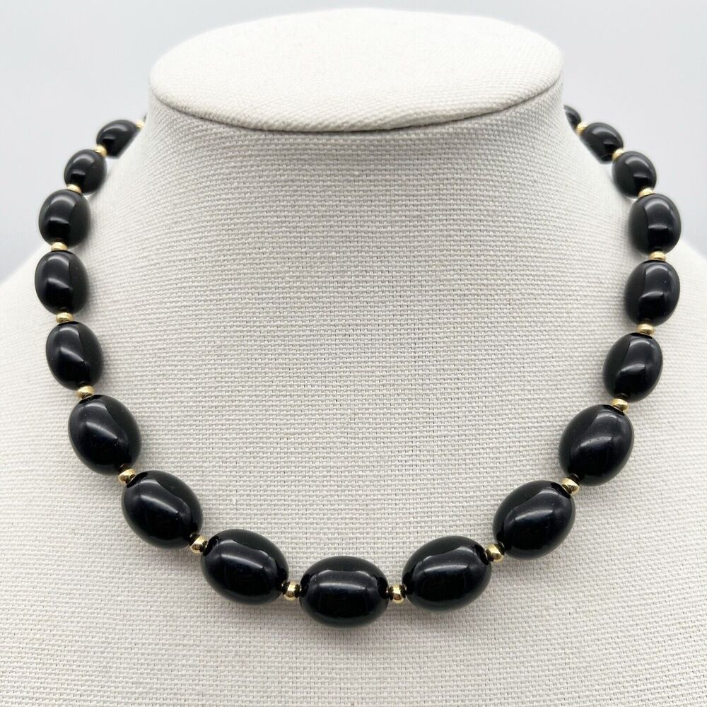 Vintage Monet Black Gold Tone Single Strand Beaded Classic Art Deco Necklace 18”